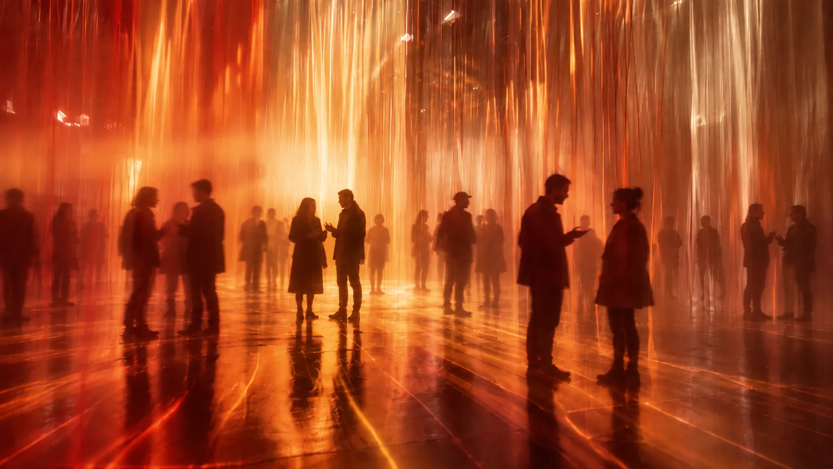 Silhouettes of people in conversation in a space of warm amber light, Brand Atelier AI customer engagement
